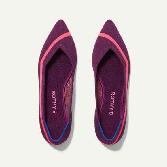 Rothy’s The Point Toe Ballet Flat Slip-On in Maroon Neon Stripe Size W10